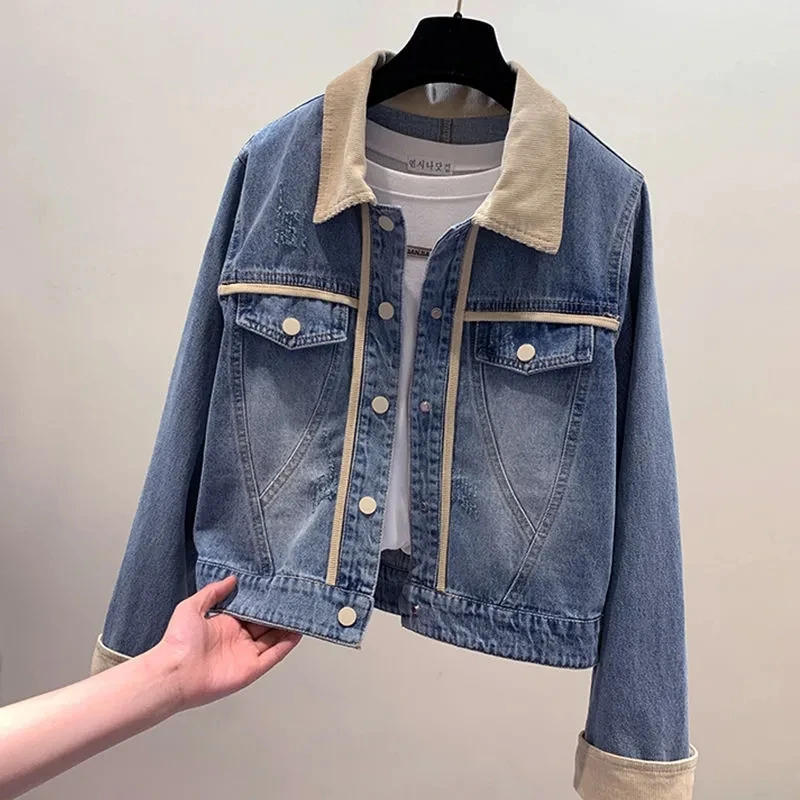 High-Grade Denim Jacket Women's 2023 Spring Autumn Design Fashion Trend Vibe Wind Contrast Color Stitching Denim Casual Jacket