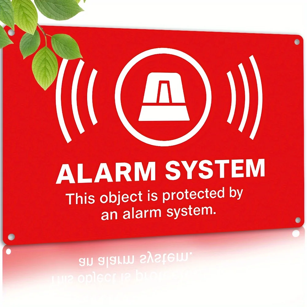 Vintage Metal Sign , Alarm System Warning This Object is Protected by an German English Red Plaque, Wall Art Decor, Decor Aesth