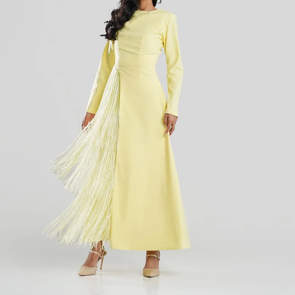 

Customized A-line Evening Dresses Ankle-length O-neck Full Sleeve Prom Gown Simple Fashion Tassel Draped Casual Party Gown