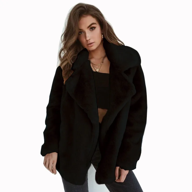 

New Women's Sexy Solid Color Loose and Warm Coat 2023 Autumn Winter Plush Coat Women Long Sleeve Turn-down Collar Cardigan Coat