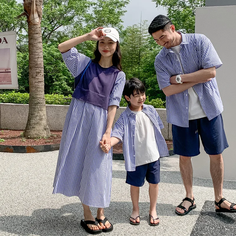 Baby Mom Daddy Matching Fashion Clothes for The Whole Family Trip Beach Outfits 2023 Korean Mother Daughter Dress Dad Son Sets