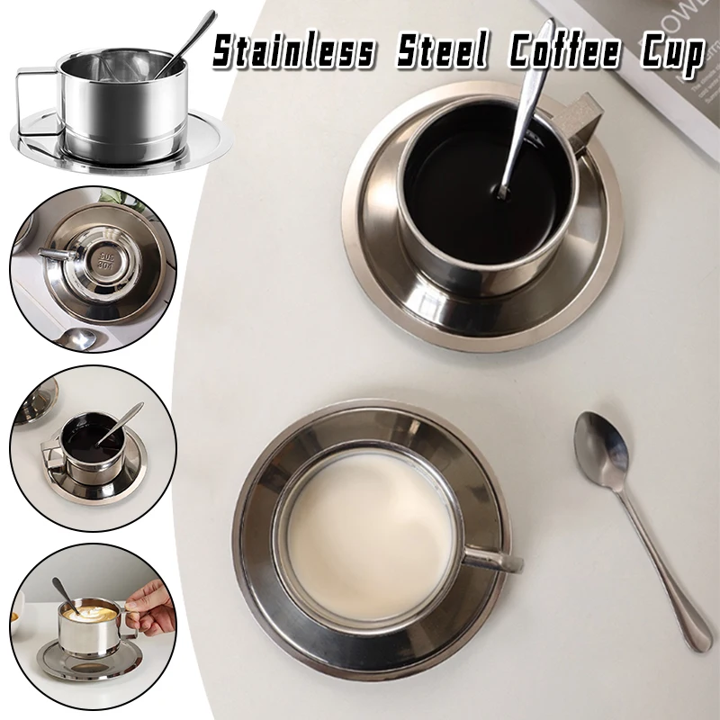 

Stainless Steel Coffee Cup and Saucer Set Retro Small Ceramic-Look Cup for Afternoon Tea, Vlog, Photo Prop, Gift for Women