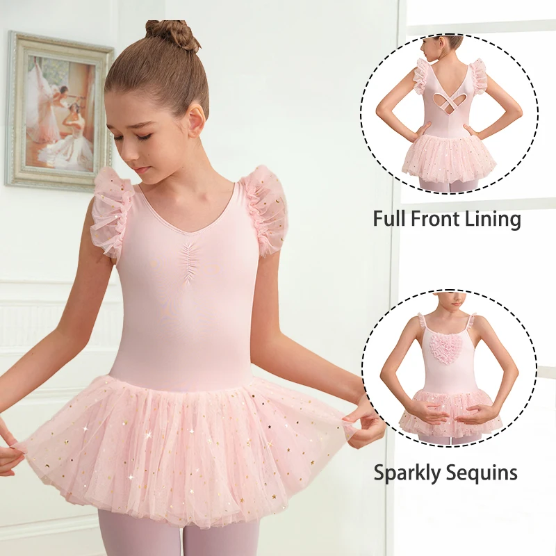 Ärmellose Ballett-Trikots für Mädchen, glitzerndes Tutu-Tanzkleid, glänzende, doppellagige Ballerina-Tanzkleidung mit Flatterärmeln für Kinder ﻿
