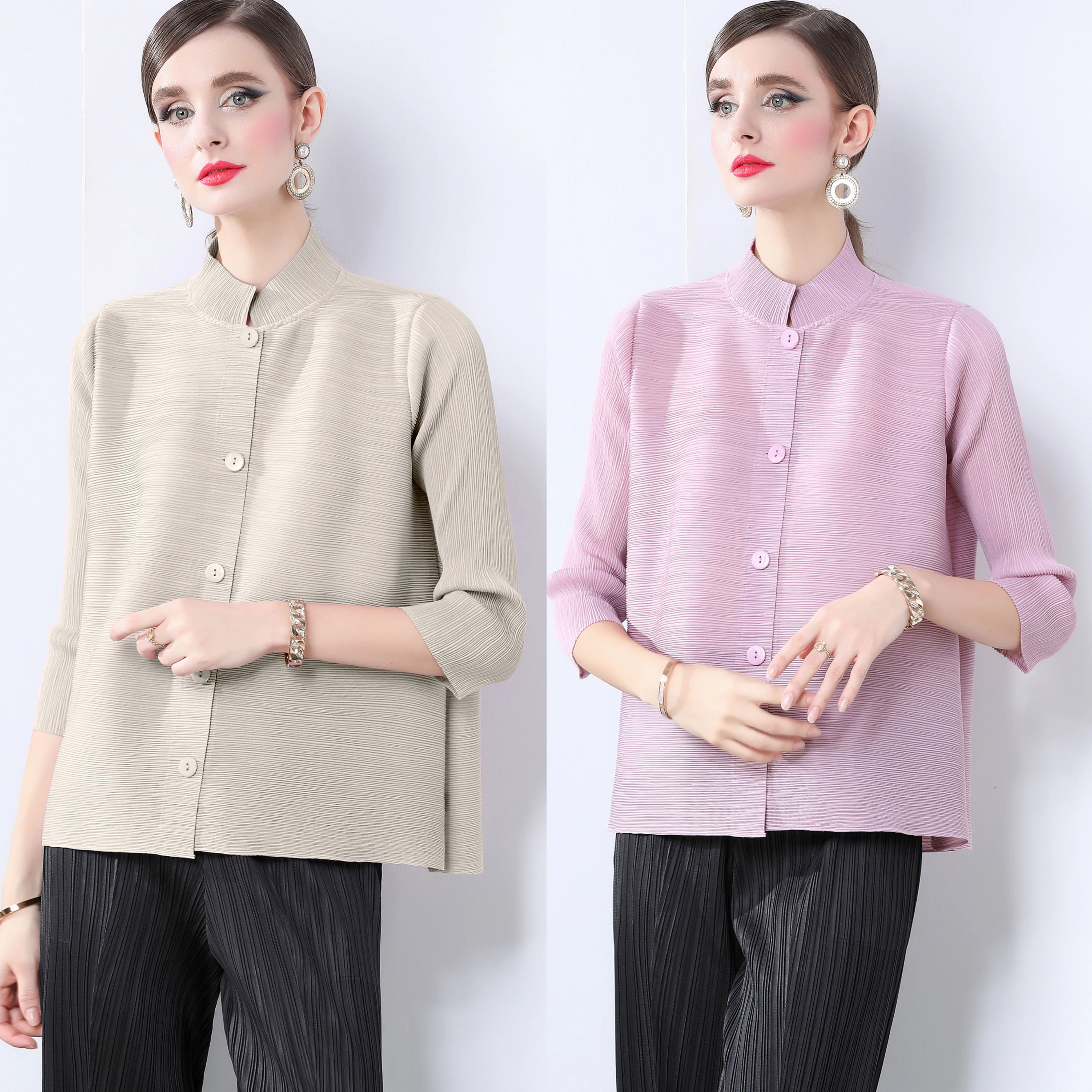 Miyake Solid Color Versatile Loose Pleated Top Women's Clothing Nine Quarter Sleeve Stand Collar Commuting Shirt Simple Jacket