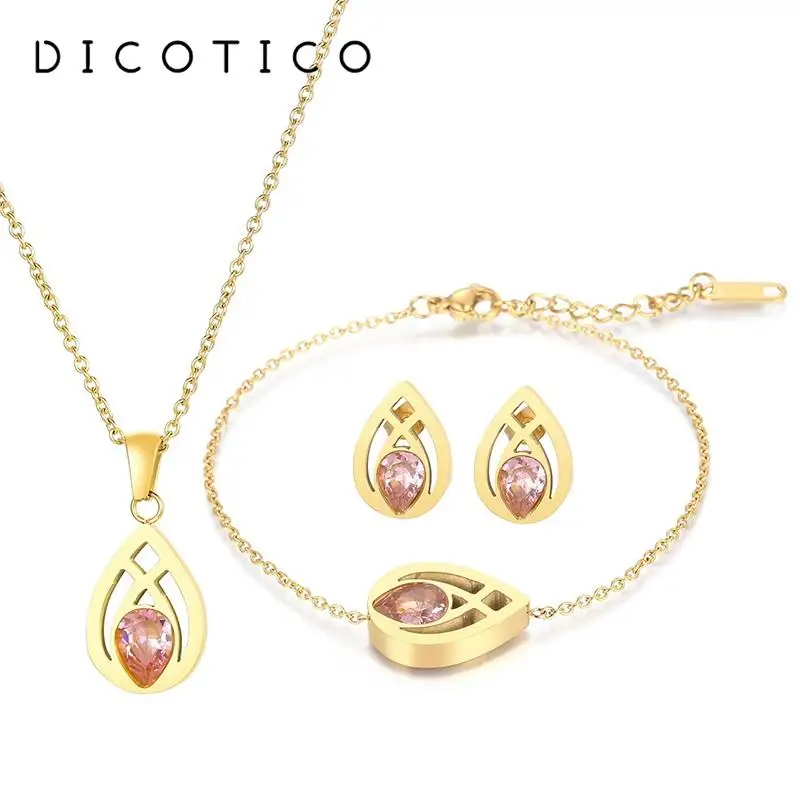 Retro Dreamcore Water Drop 3/pcs Sets For Women Stainless Steel Necklace Bracelet Earrings Wedding Party Christmas Jewelry