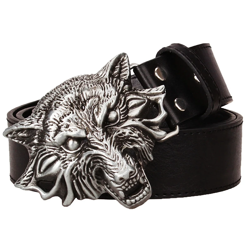 Big Wolf Head Metal Buckle Belt Men Angry Wolves Totem Coyote Leather Waistband Jeans Gift For Man