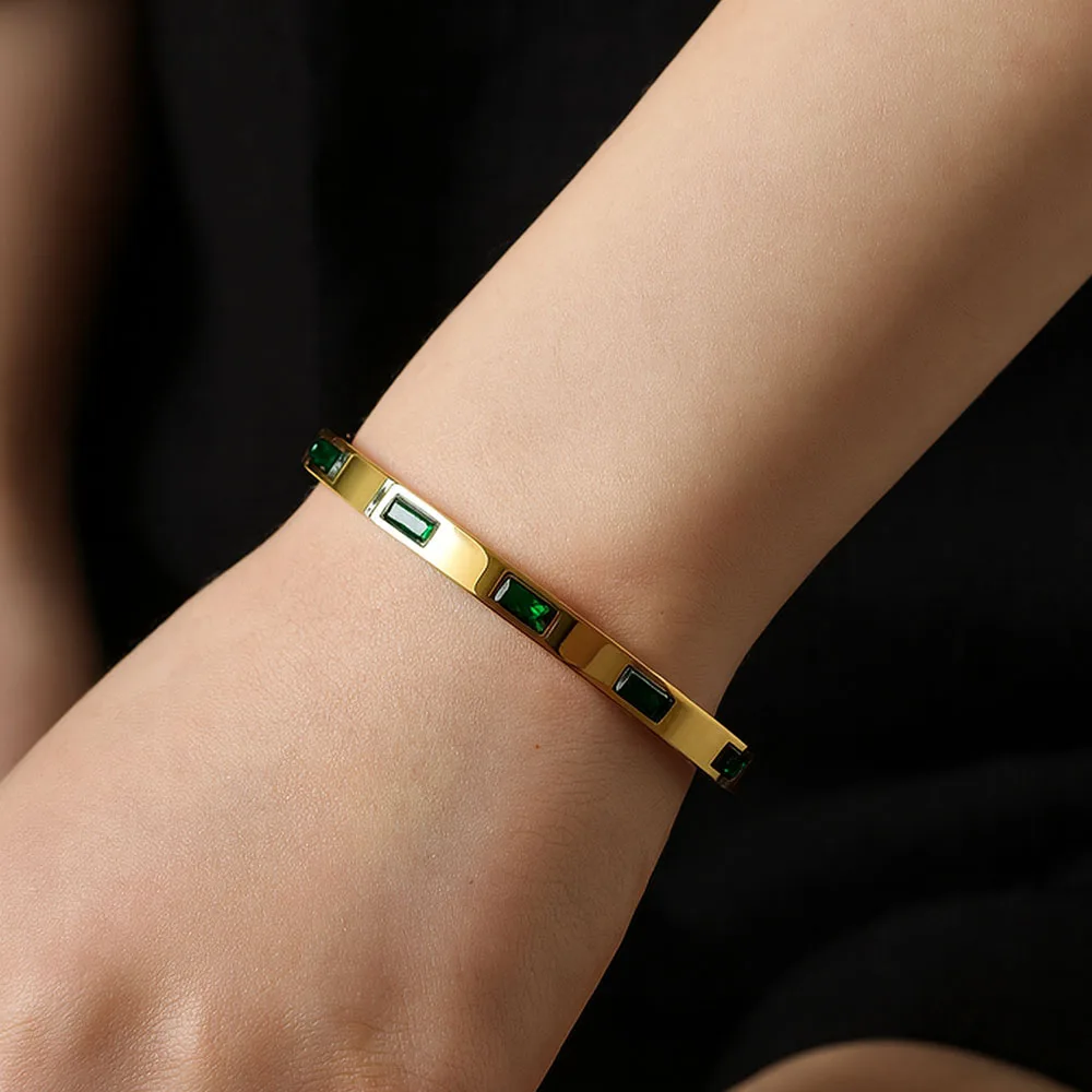 

18K Gold Plated Women’s Bracelet, Titanium Steel Bangle with Green Square CZ Stones, Luxury No Fade Fashion Jewelry Gift
