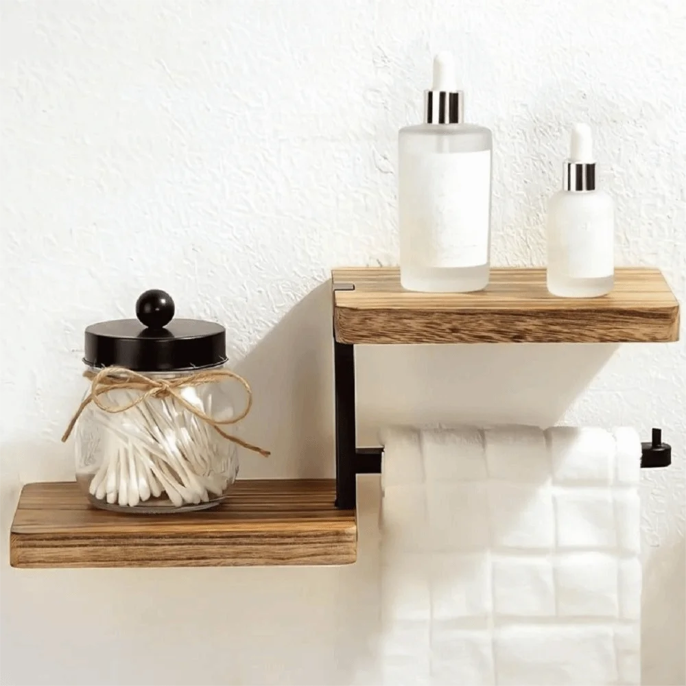 

Wooden Wall Mounted Toilet Paper Holder High Load-bearing Space Saving Countertop Organizer Stable Bathroom Wall Mounted Shelf
