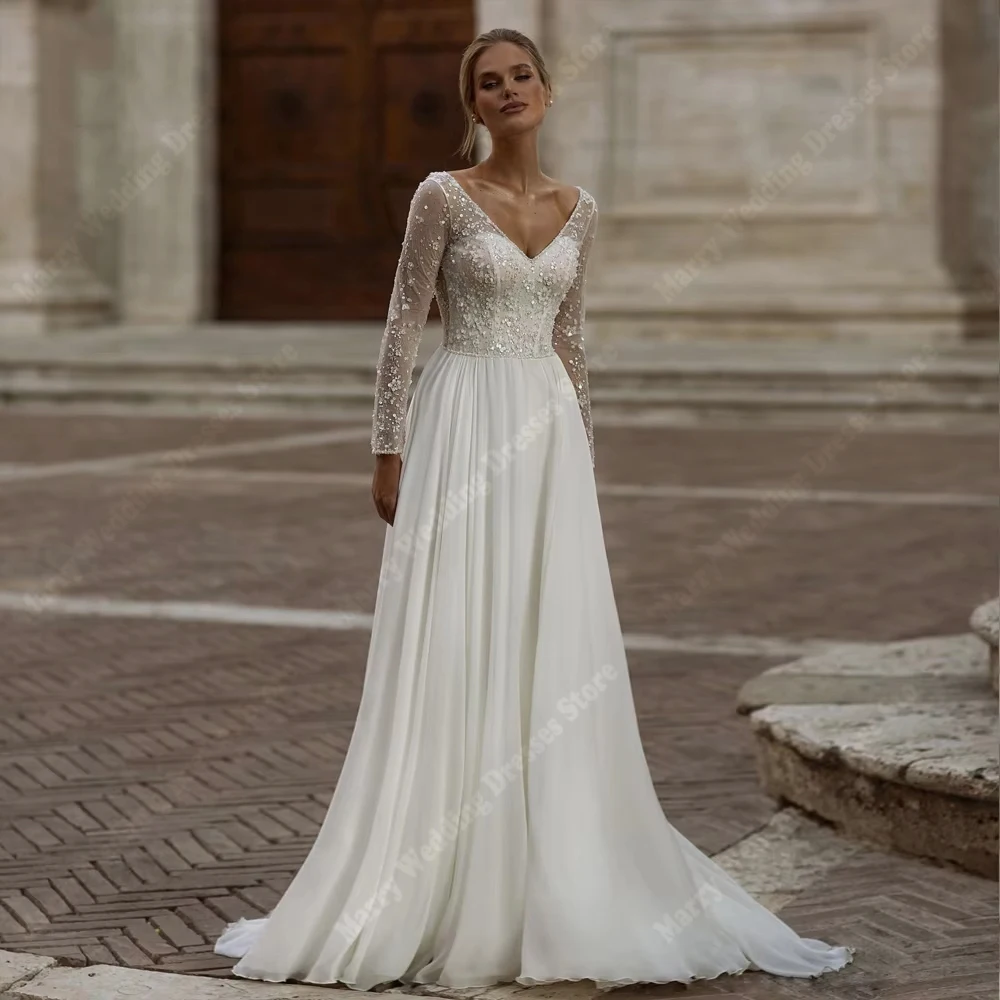 

2025 Elegant A-Line Women Wedding Dresses Sexy Lace Long Sleeves Bridal Gowns Princess Engagement Banquet Vestidos De Novia Boda
