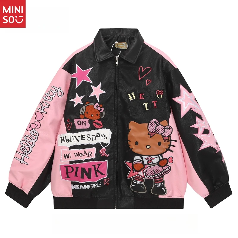 

Miniso Vintage Hello Kitty Leather Jacket, Colorblock Biker Coat, Unisex Sweet Cool Outerwear