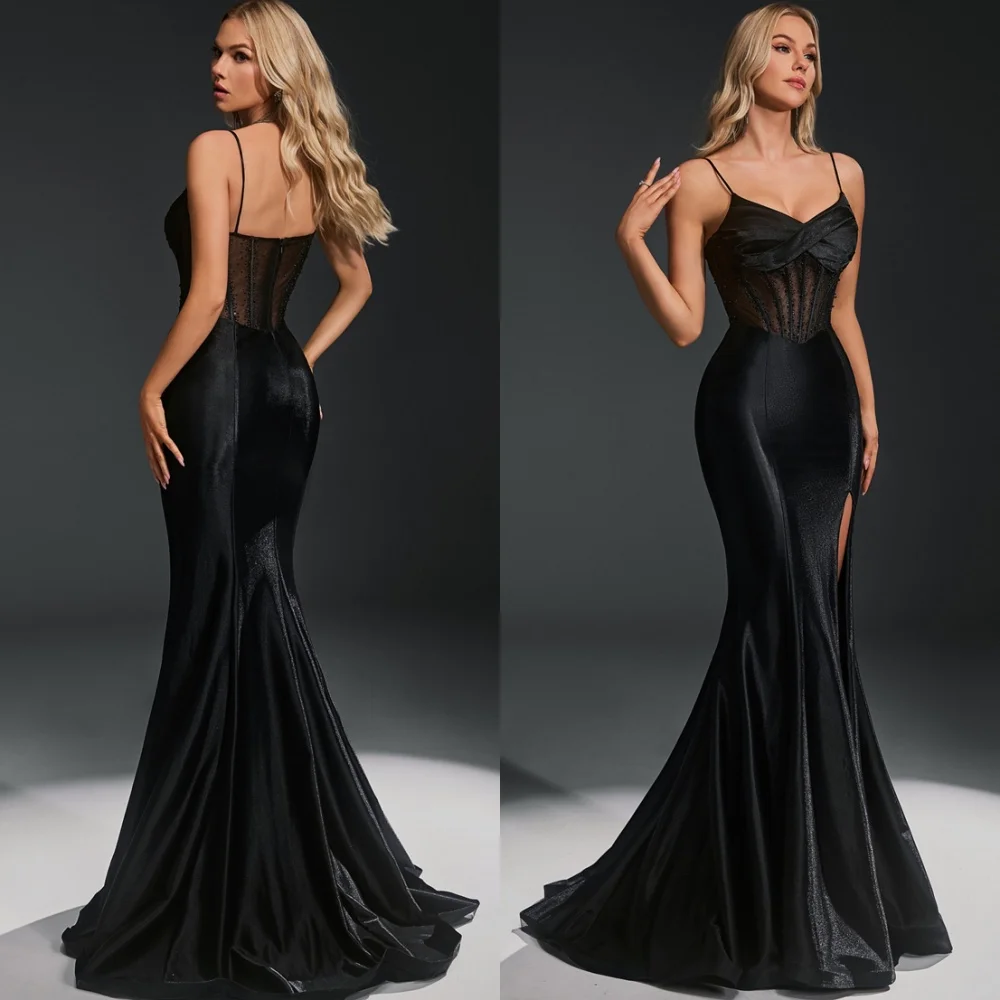 Aangepaste zeemeermin zwart satijnen avondjurken Mode mouwloze homecoming-jurken Moderne rechtertrein Jurken voor speciale gelegenheden