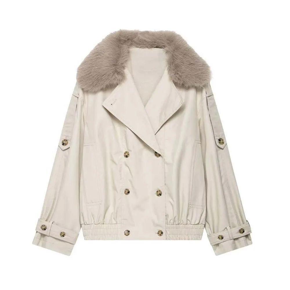 

Street Women's Double Breasted Cropped Trench Coat Faux Fur Collar Loose Full Sleeve Pocket Jacket Spring And Autumn Womens Coat