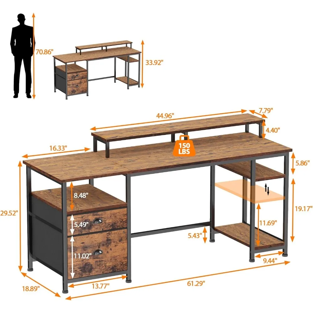 61" Long Desk with Fabric File Drawer, Industrial Writing with Large Monitor Stand, Study Table Workstation, Rustic Brown