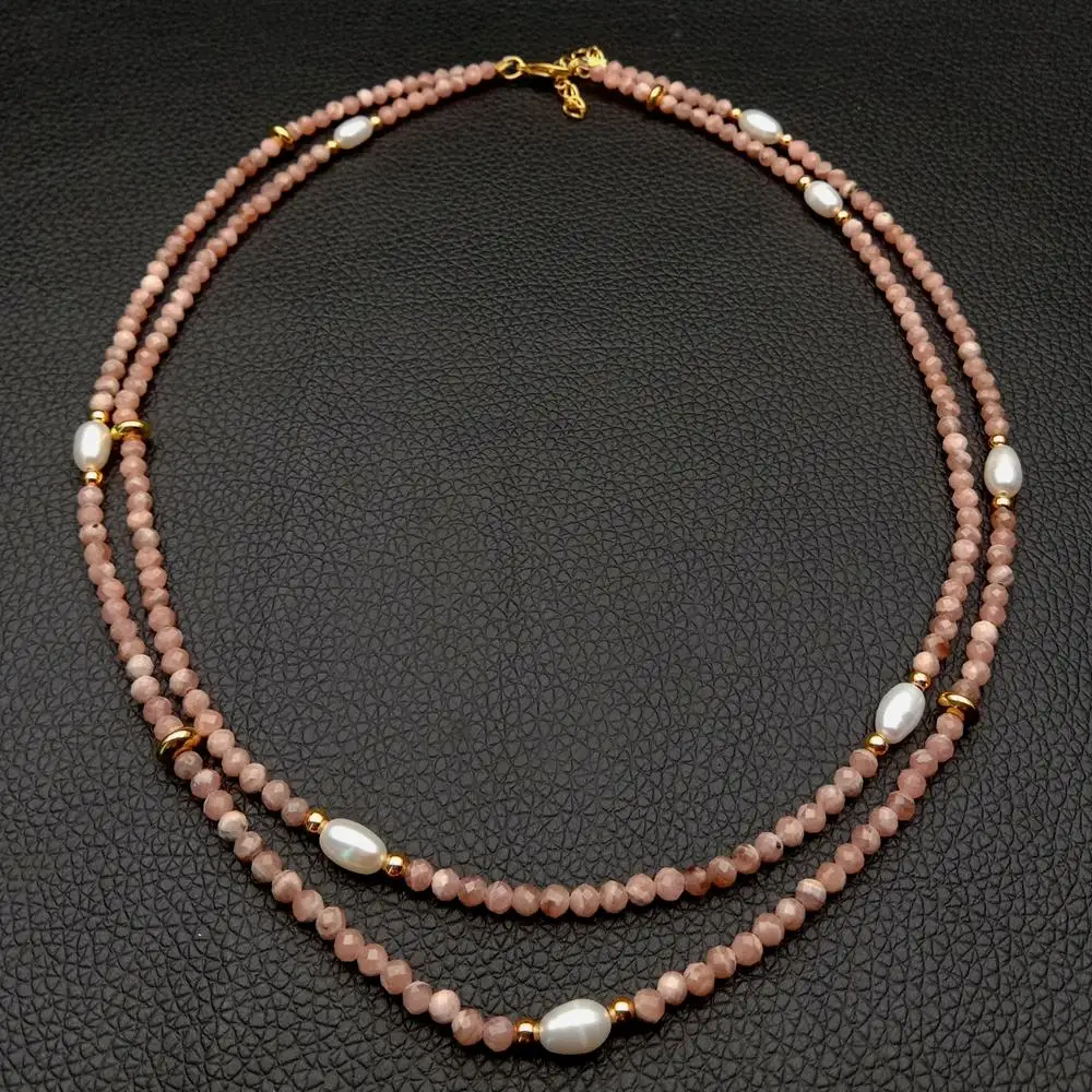 

2 rows Natural faceted round Pink Rhodochrosite Cultured white rice Pearl Necklace 17"