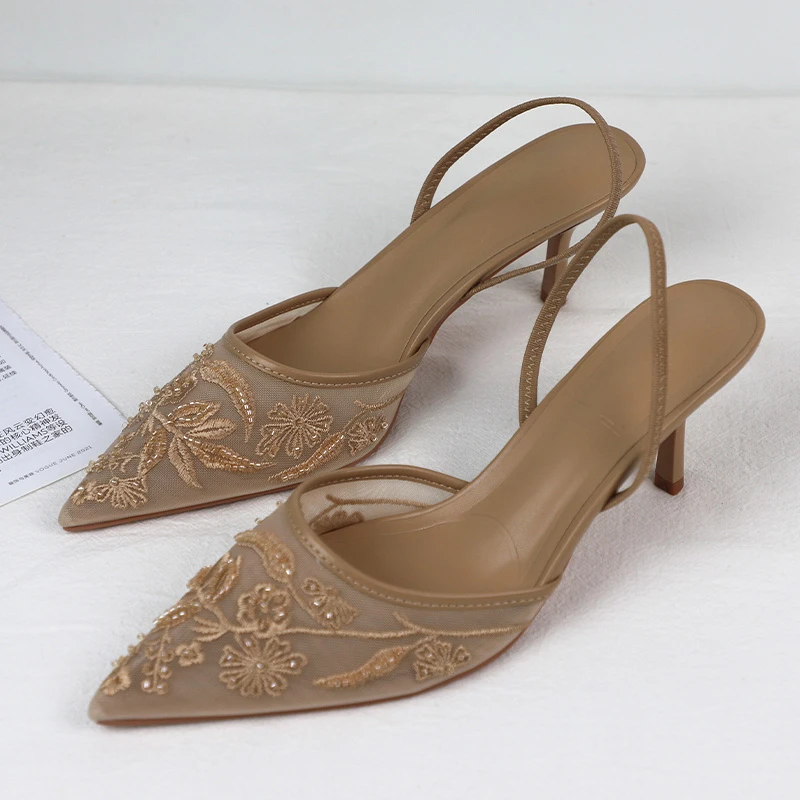 

Luxury Brand High Heels Women Sandals Mesh Embroider Elegant Pointed Ladies Slingback Evening Party Wedding Bridal Dress Shoes