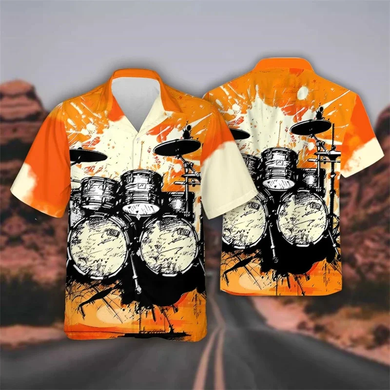 Drum Kit Graphic Shirts For Men Musical Instrument 3D Printed Short Sleeve Shirt Band Blouses Drummer Lapel Tops Hawaiian Shirts