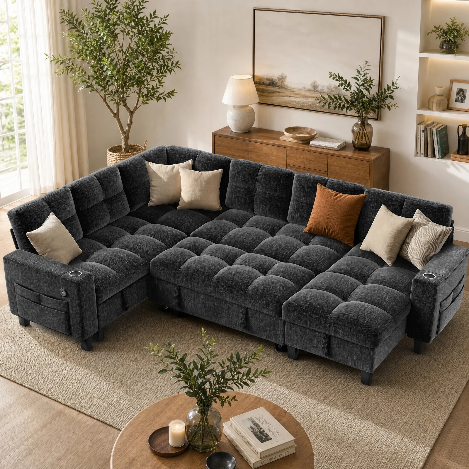 85-110 Inch U-Shaped Modular Sectional Sleeper Sofa, 7-Seat Dark Gray Chenille Cloud Couch, Pull-Out Bed with Hidden Storage, USB Ports & Cup Holders, Multi-Functional Sofa Bed for Living Room Apartment