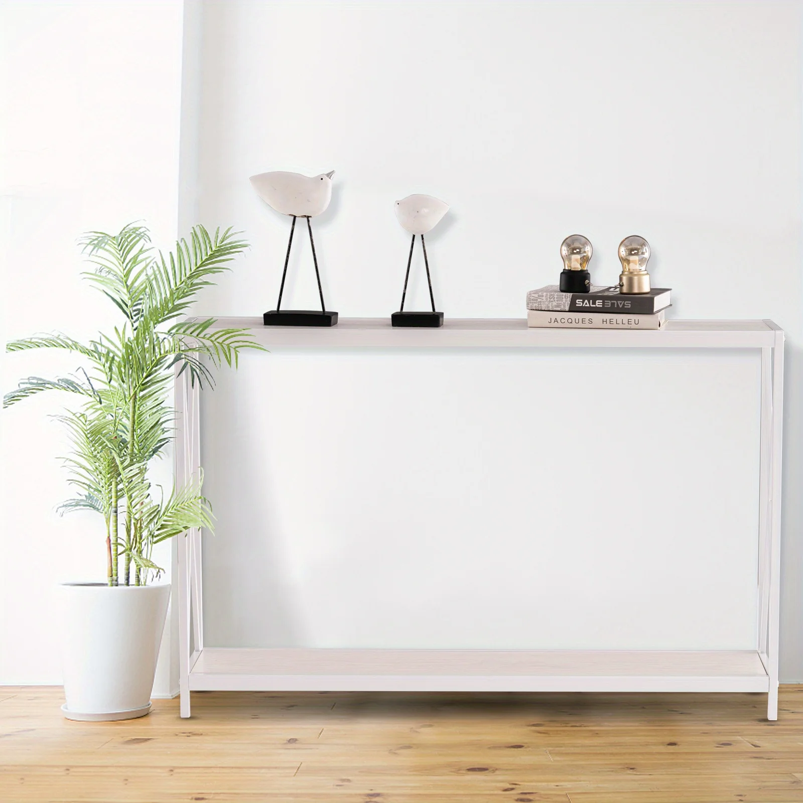 

43.3" White Modern Minimalist Console Table - 2-Tier Entry Table with Shelf, Space-Saving Narrow Sofa Table for Hallway, Living Room, Office - Easy Assembly, Durable Non-Wood Material, 27"+ Height, White Finish (No Electrical Required)