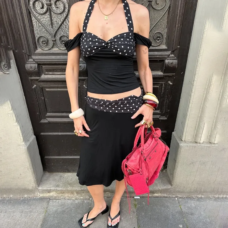 

Tuularose Women Dress Sets Two Piece Sexy Polka Dot Backless Top Contrast Skirt Set Vintage Y2k Fashion New Dress Sets Outfits