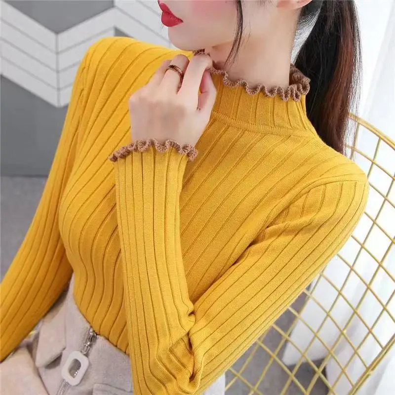 Women\'s Monochromatic Turtleneck Long Sleeve Sweater, Slim Tops, Temperament Clothing, Simplicity, Autumn and Winter Fashion