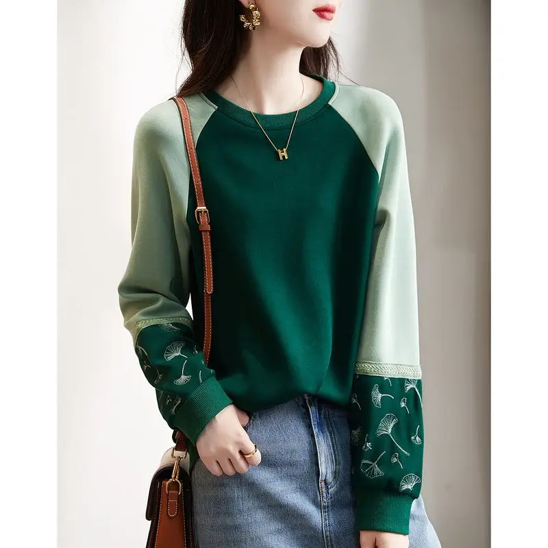 2022 Autumn Winter O Neck Long Sleeve Cotton Women Sweater Printed Patchwork Casual Female T-shirt Korean Fashion Loose Pullover