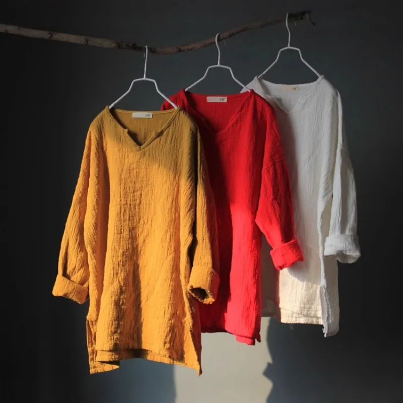 

Vintage Harajuku Cotton Blouse Women's Double-layer Simple Long-sleeve Shirt Pullover Long-sleeve T-shirt Loose Tops Womens Tops