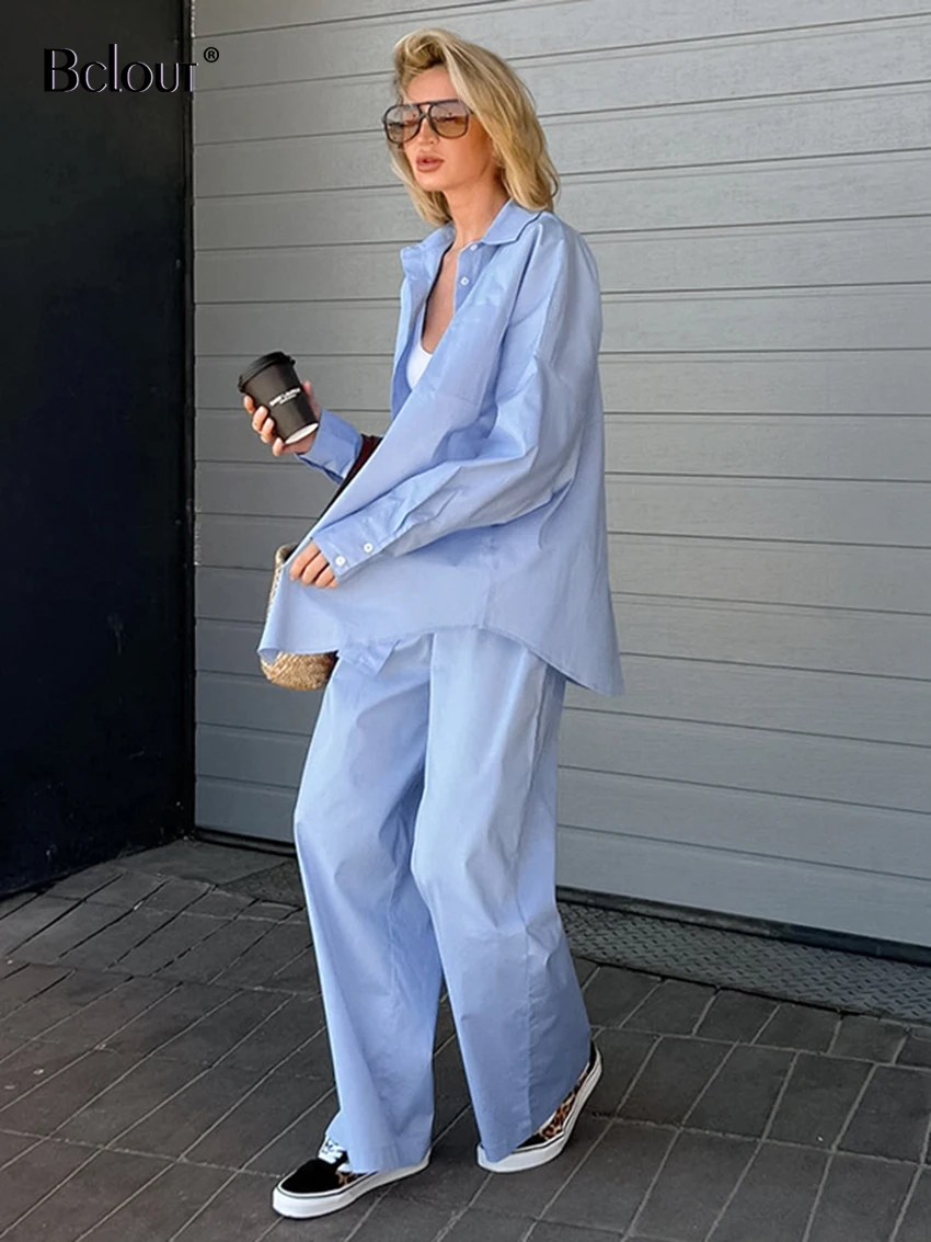 Bclout Fashion Blue Long Pants Sets 2 Pieces Women 2023 Spring Long Sleeve Loose Tops Elegant Buttons Elastic Waist Pants Suits