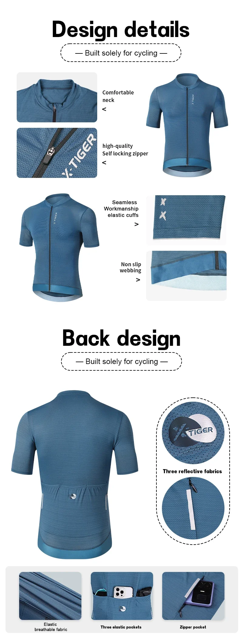 X-TIGER Sommer-Radtrikot, atmungsaktives, kurzes Sportshirt, schmal geschnittenes Profi-Radtrikot, Rennsport-Oberteil, Freizeitbekleidung, Radtrikot – Detail 6
