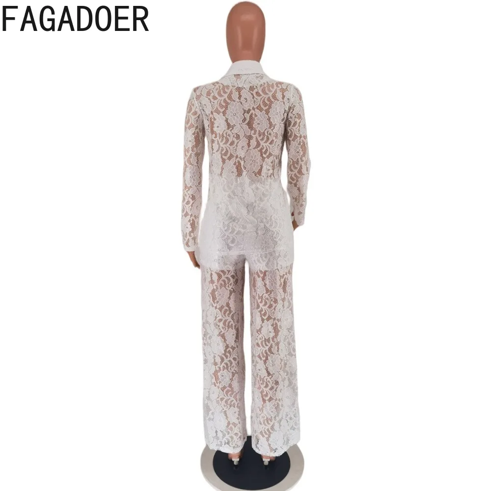 FAGADOER Fashion Solid Color Hollow Lace Brazer Two Piece Sets Women Turndown Collar Long Sleeve Coats And Pant Outfits Clothing