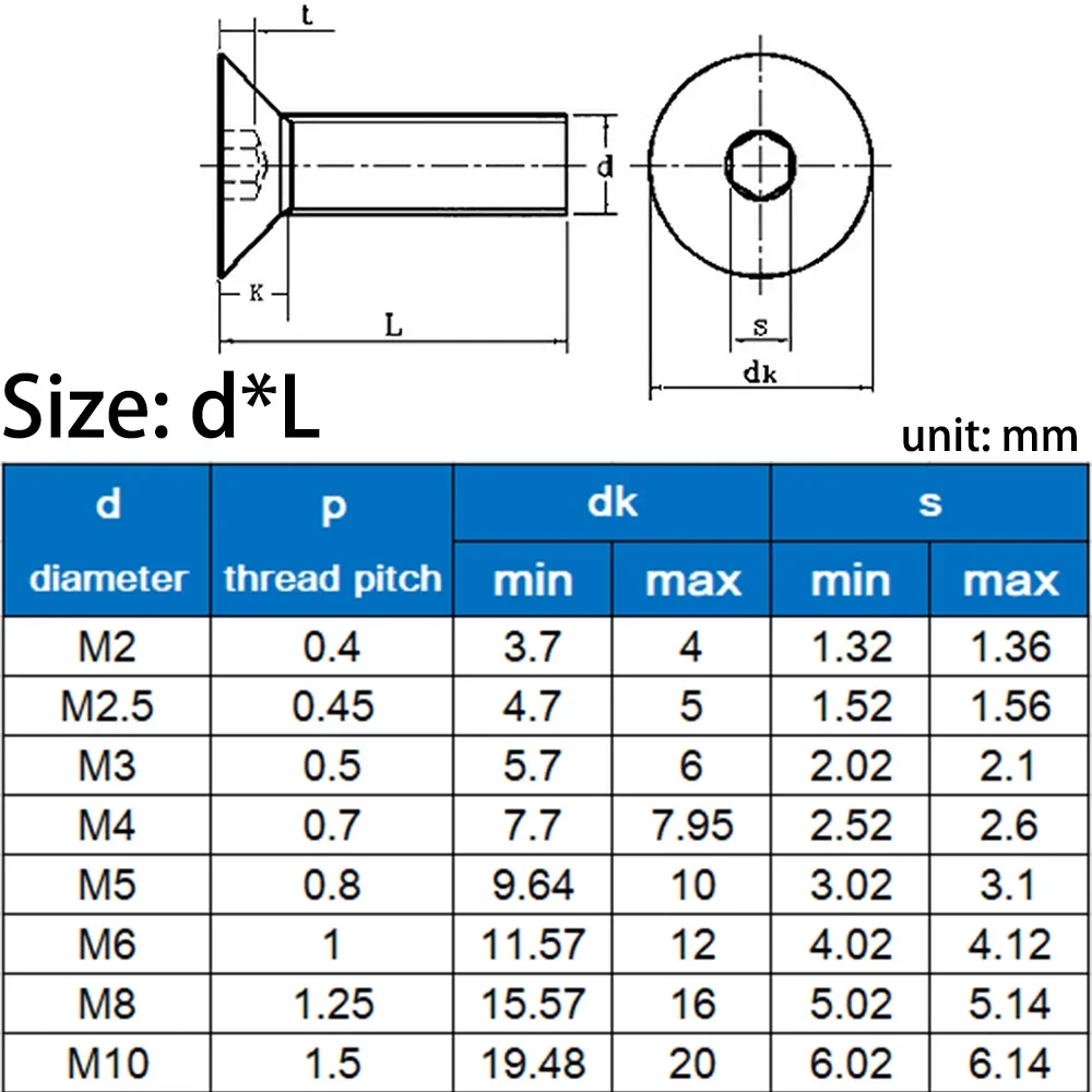 M3 M4 M5 Black 304 Stainless Steel Hex Hexagon Socket Head Flat Countersunk Allen Machine Screw Bolt Length 5-30mm