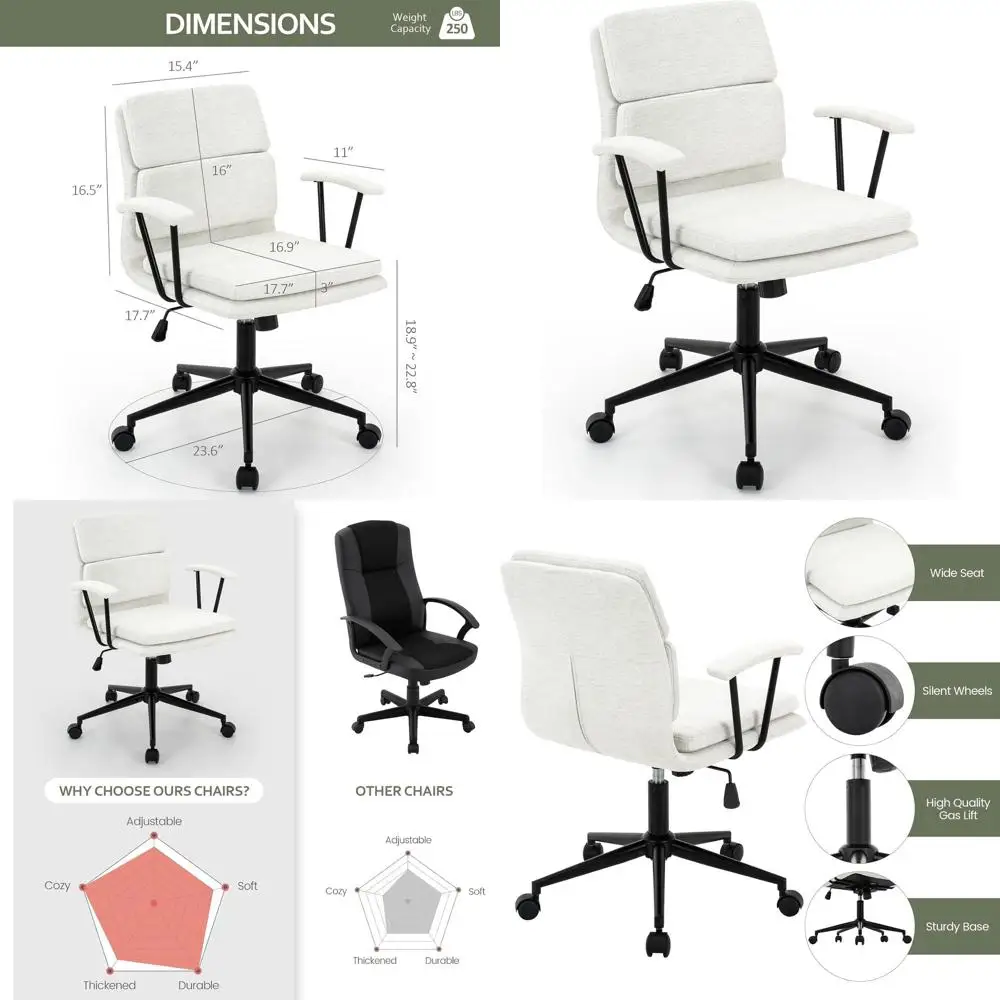 

Эргономичное компьютерное кресло со средней спинкой, съемными подлокотниками, двойной подушкой, 135 ° Качалка, на колесах, белая