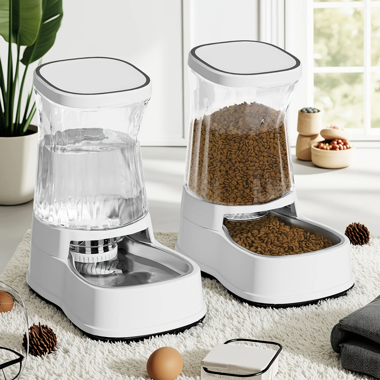 

Dogs Feeder&Water Dispenser, Gravity-Fed Automatic, Each 1Gallon Large Capacity, with Stainless Steel Bowls, with Filter, Non-slip, 100% No BPA, No Electricity Needed, Removable, Easy Cleaning, for Home/Cage, for Small/Medium Size Cats&Dogs&Others