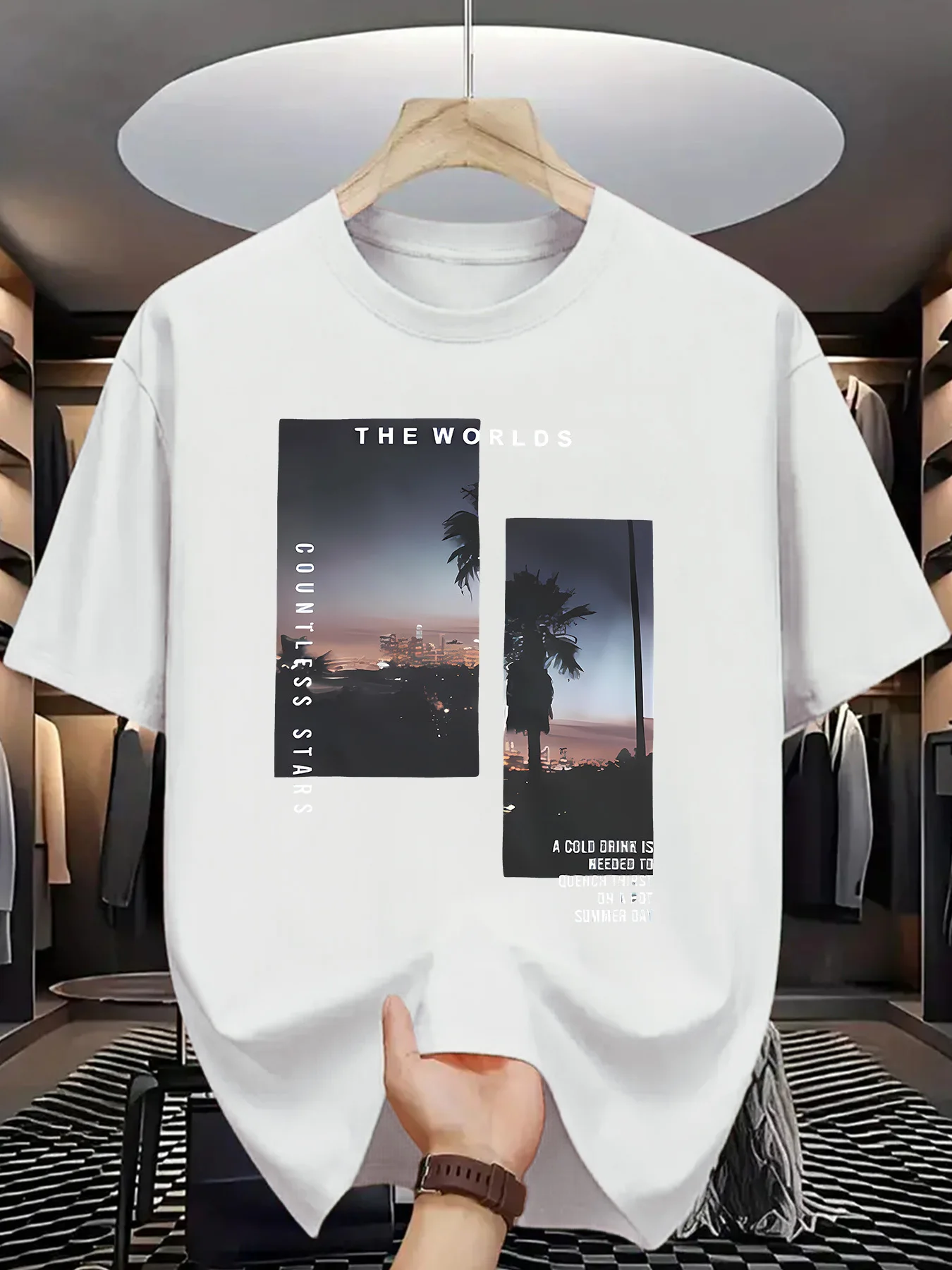 The Worlds Countless Stars Mens Crew Neck T Shirt Palm Tree City Night Landscape Photo Graphic Short Sleeve Casual Street Tops