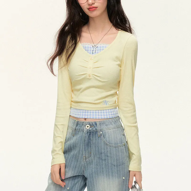 

Female Clothing Plaid Spliced T-shirts Hotsweet Slim Spring Autumn Casual Round Neck Lace Stylish Folds Long Sleeve Pullovers