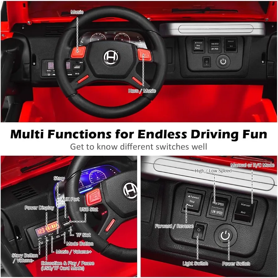 2 places sur camion 12V tout-terrain, avec télécommande, démarrage lent, Suspension à ressort, lumières LED, musique, batterie à 3 vitesses