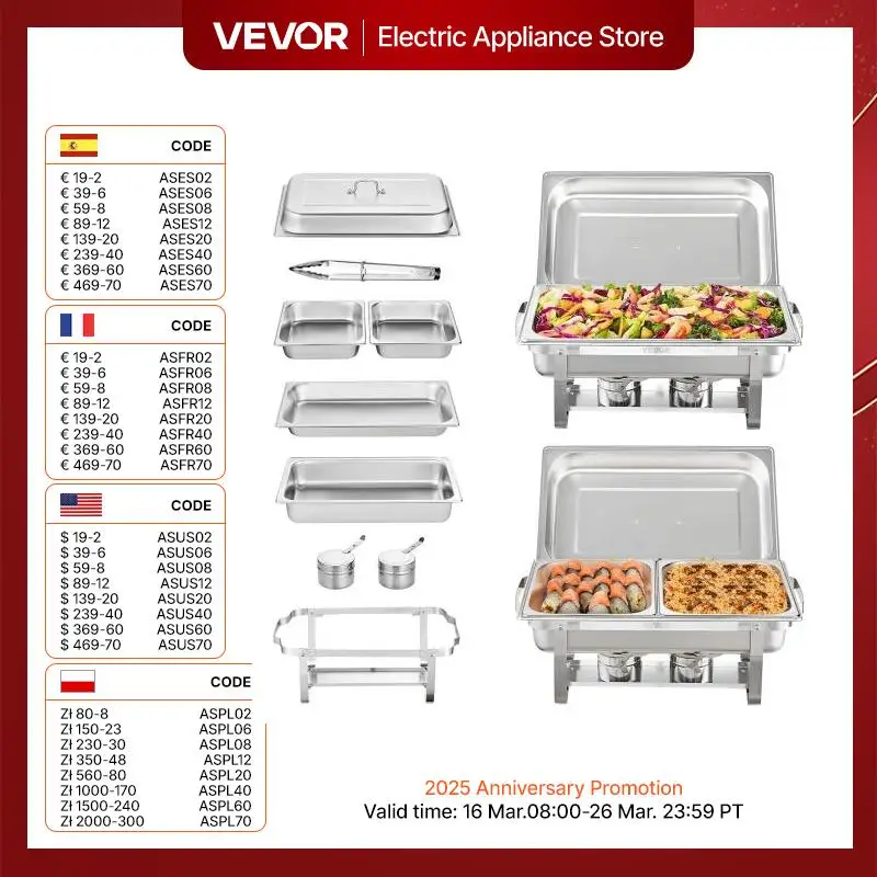 VEVOR 8QT 2 Pack Chafing Dish Buffet Set Stainless Chafer w/ 2 Full & 4 Half Size Pans Rectangle Catering Warmer Server with Lid