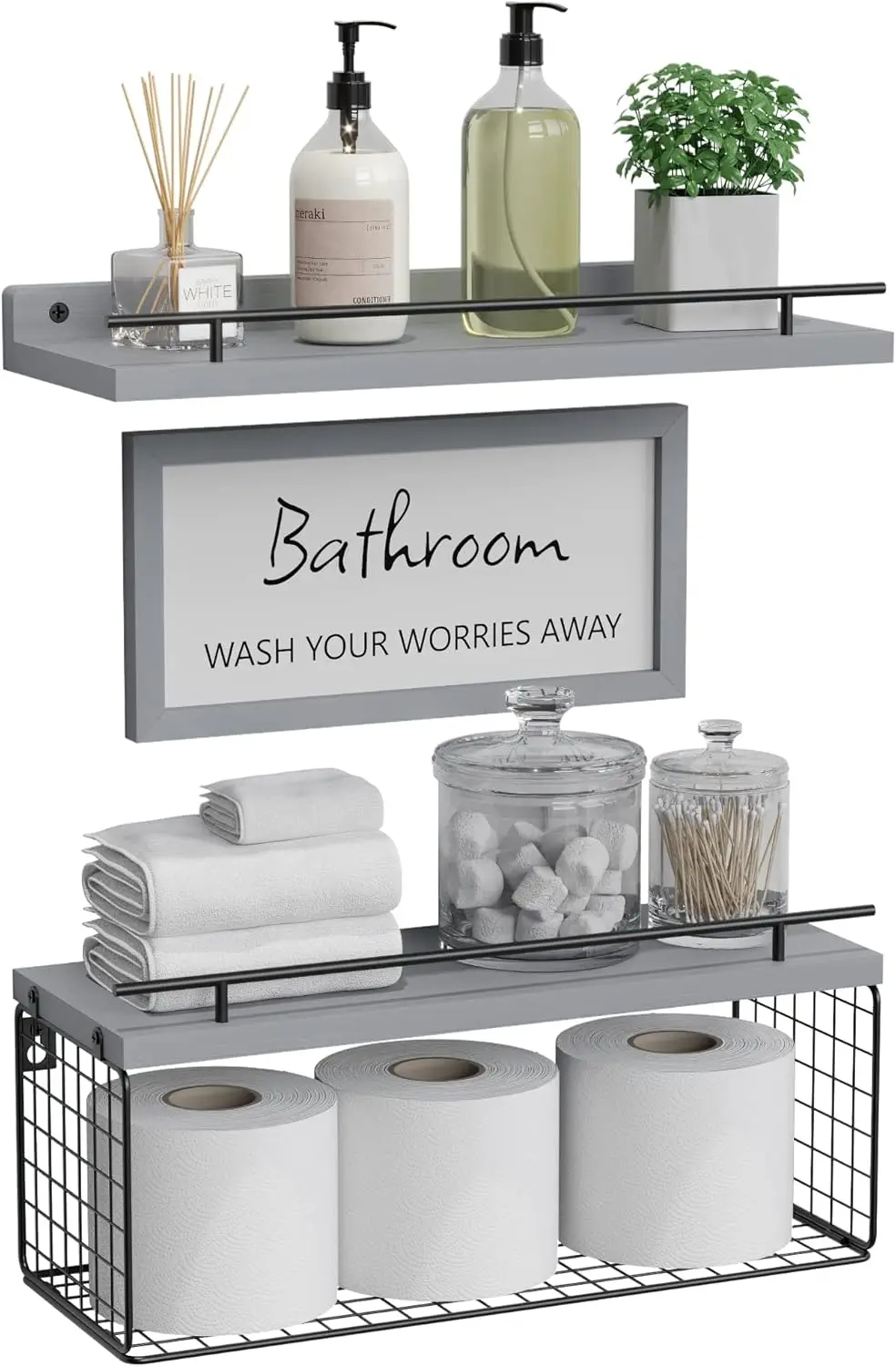 

Floating Shelves for Wall Decor Sign, Bath Organizers and Strg, Bath Shelves Over Toilet with Metal Guardrail-Modern Grey