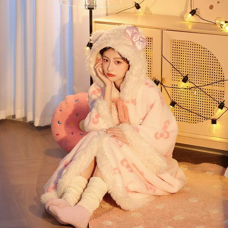 Kawaii Hello Kitty Hooded Nightgown Pajamas Girl's Cloak Cute Autumn Winter Velvet Thickened Sweet Pajamas Casual Home Clothes