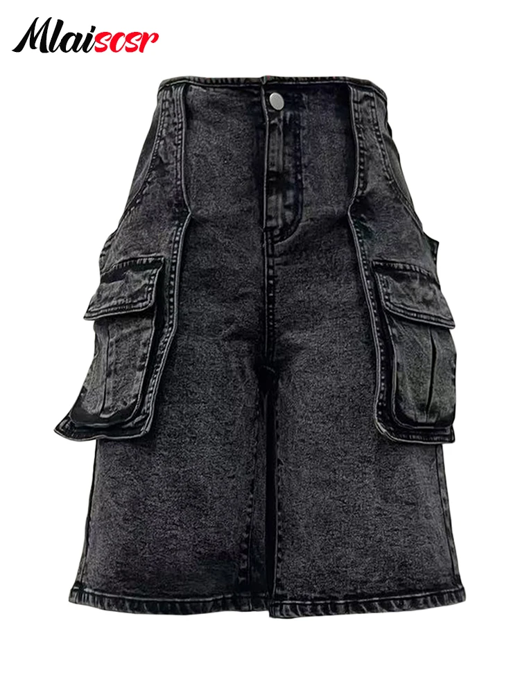 Mlaiscsr Vintage Pocket Cargo Straight Wide Leg Jeans Blue Denim Knee Length Pants Shorts Women Streetwear Trousers Bottoms y2k
