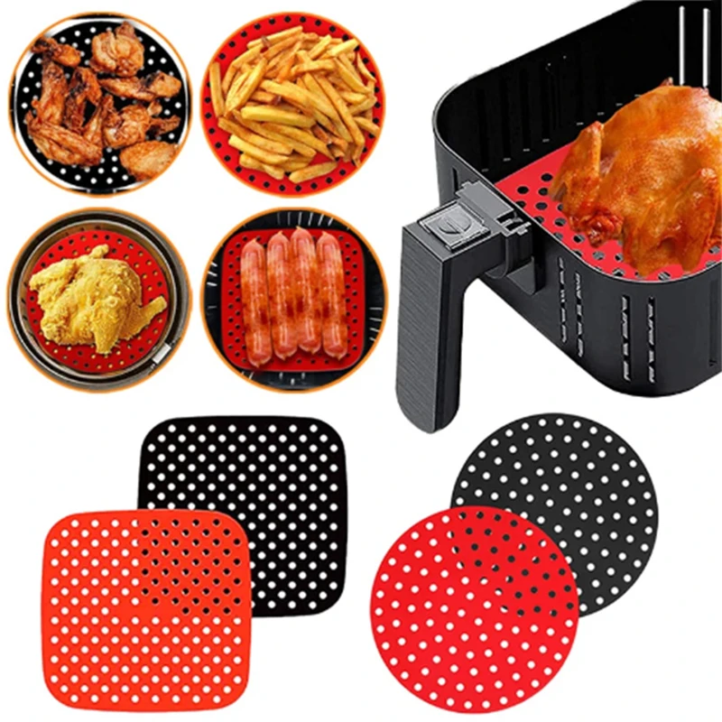 Reusable Air Fryer Liners Square Round Non-stick Perforated Mat Pizza Plate Grill Steaming Baking Cooking Silicone Basket Mats