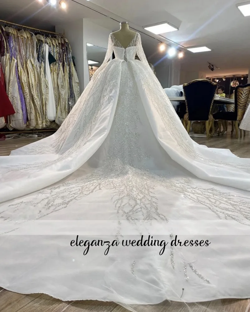 Customized Luxury Ball Gown V-Neck Wedding Dress Sparkling Lace Sequined Women Bride Gowns Chapel Train Vestidos De Novia 2025