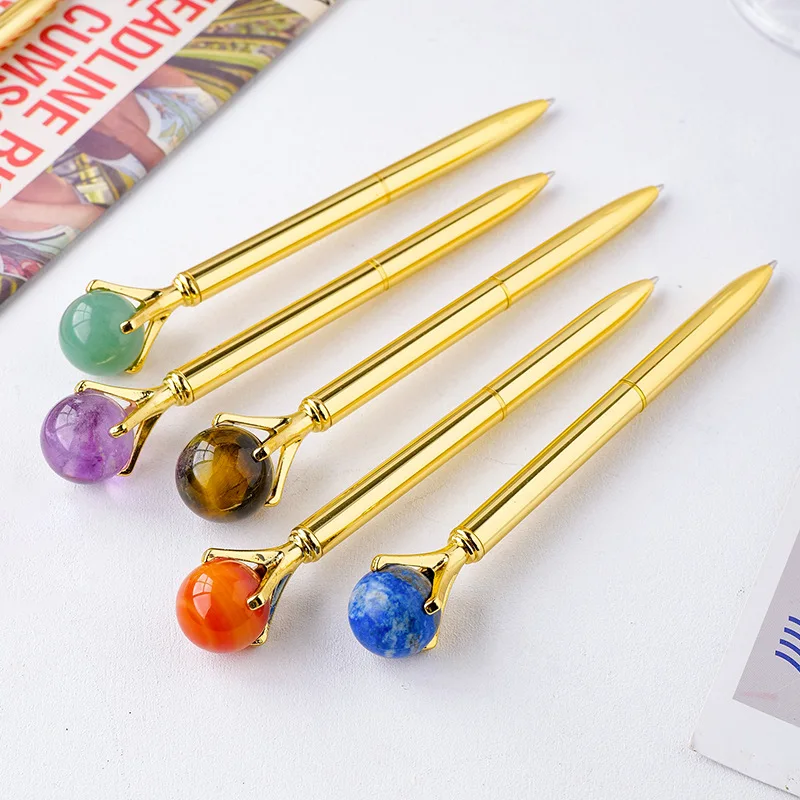 Round Natural Crystals Stones Decoration Reiki Healing Quartz Amethyst Tiger Eye Lapis Metal Ballpoint Pen School Student Gift