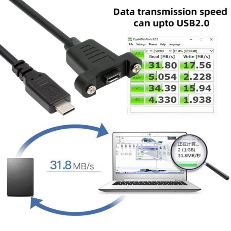 USB2.0 Micro 5Pin Mini USB Female to Type-C USB-C Male Power Cable 480Mbps Data with Panel Mount Holes 50cm