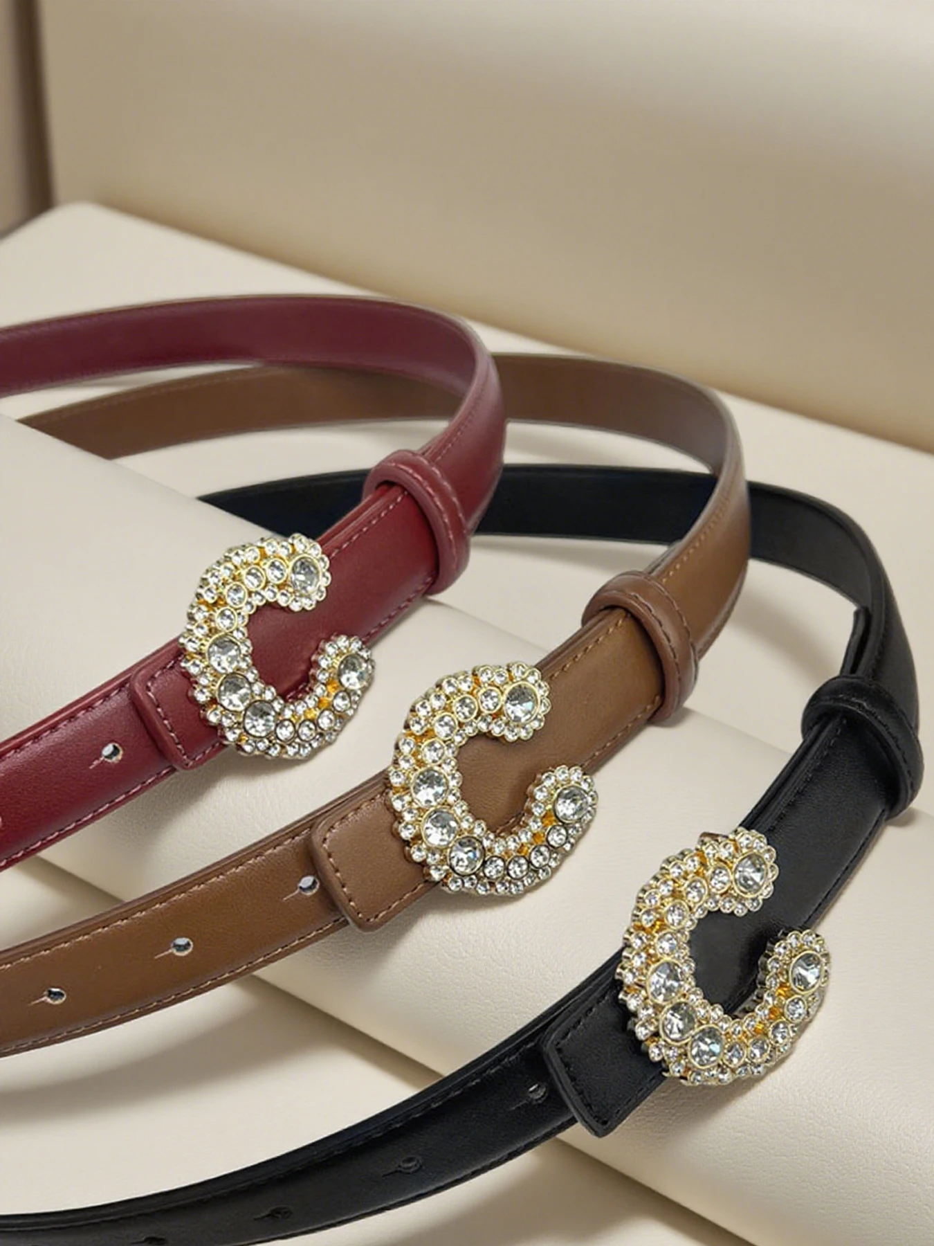 حزام بنمط جديد بإبزيم على شكل حرف C، حجر الراين، شعور راقي، حزام نسائي، حزام OL عصري، ألوان متعددة #4