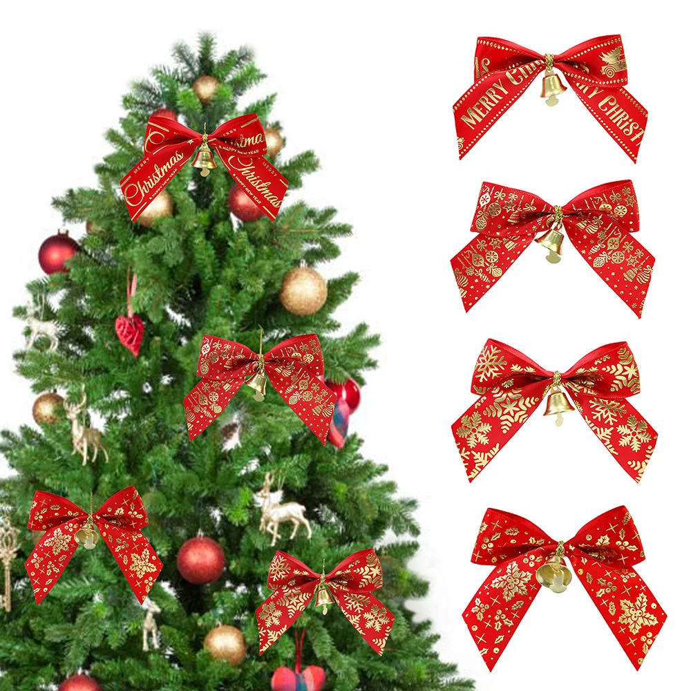 

6Pcs Gold Foil Printed Red Satin Christmas Knot Bow For Christmas Day Decorative Bowknot New Year Party DIY Bows Decorations