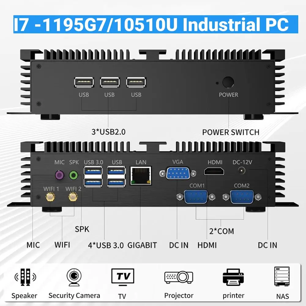 Fanless Industrial Computer 2*COM Rs232 Core i7-1165G7 i7-10710U Linux Win10 Desktop Business Office Mini PC HD VGA Dual Display