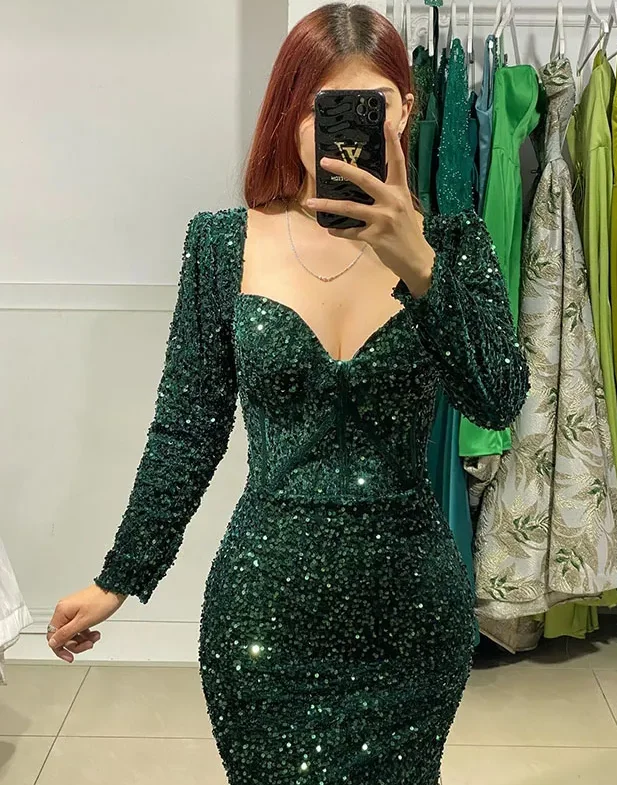 Dark Green sequins Muslim Evening Dress Elegant Long Sleeves Mermaid Dress Bone Bodice Special Occasion Formal Dresses for Women