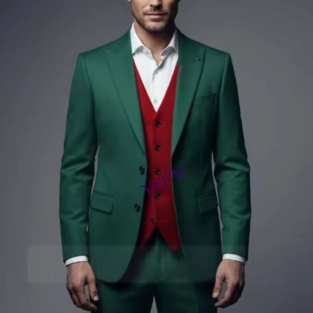 

Elegant Men's Suits For Wedding Formal Green Jacket Pants With Red Vest 3 Piece High Quality Groomsmen Outfits Full S Customized