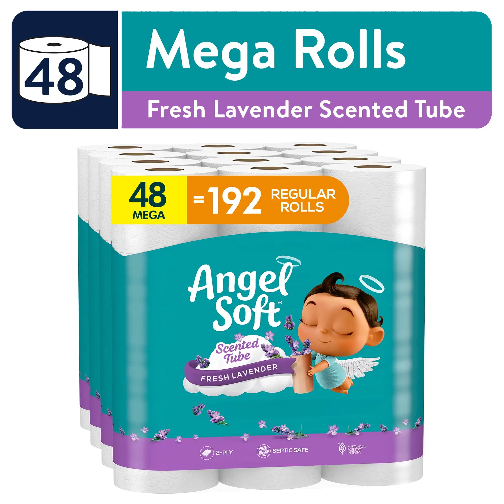 Toilet Paper, 48 Mega Rolls, Scented Lavender Tube, Soft and Strong Toilet Tissue (4 Packs of 12 Rolls)