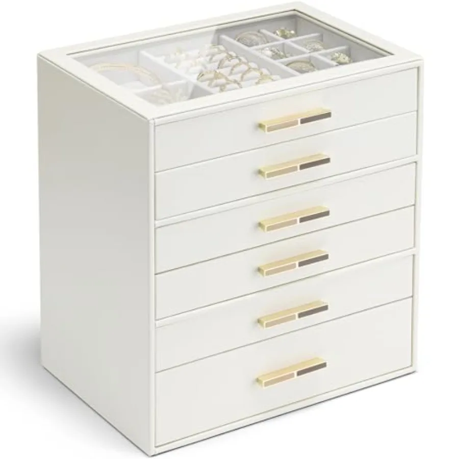 

6 Layer Jewelry Box for Women Glass Lid Jewelry Organizer with 6 Drawers for Necklaces Rings Earrings Bracelets - Cloud White